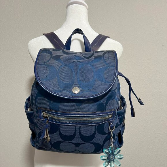 Coach Kyra Signature Logo Navy Blue Canvas Backpack F16548 - Picture 1 of 7